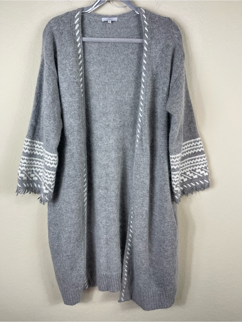 Lumie Rabbit Hair Wool Blend Open Cardigan Sweater Grey White Womens Size Medium